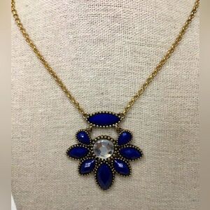 J. Crew Women Golden Link Chain Necklace W/Blue Crystal Pendant Lobster Closure